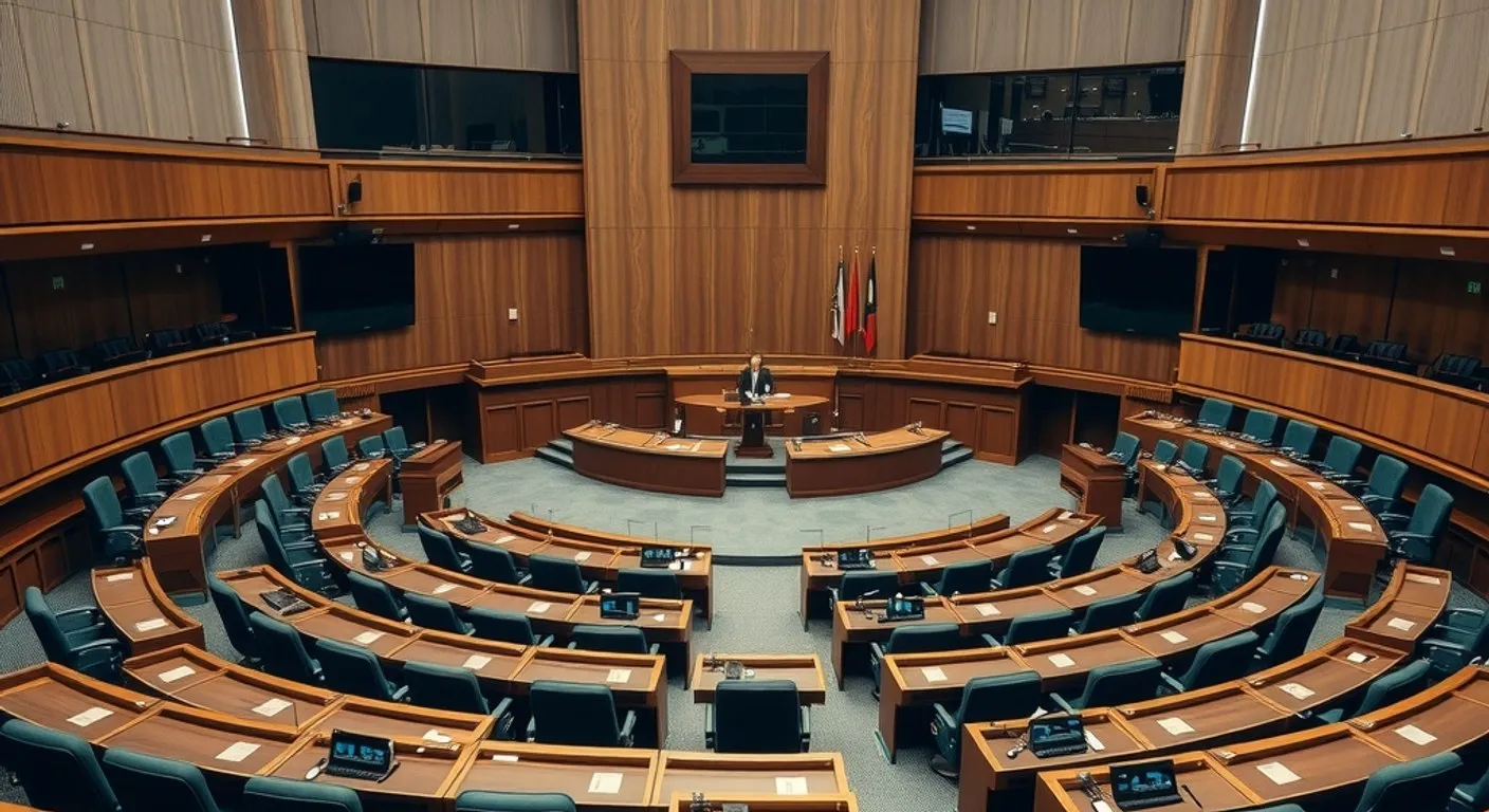 Skoro prazna sala parlamenta sa polukružno poređanim redovima drvenih klupa