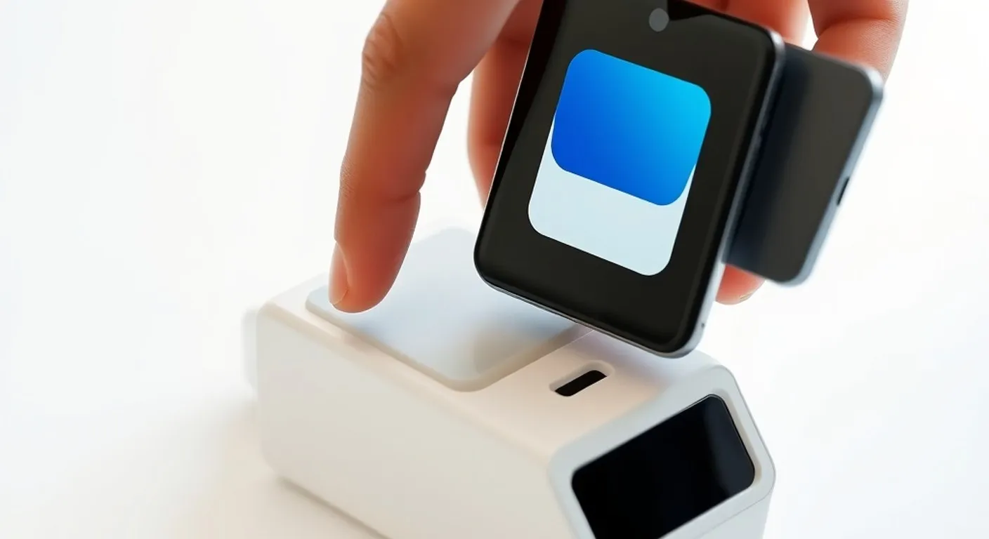 Ruka drži pametni telefon sa mobilnim novčanikom iznad beskontaktnog platnog terminala